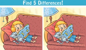 Find differences game with a cartoon boy reading a book, colorful